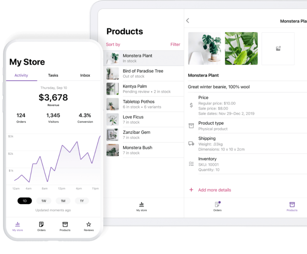 Voorbeeld van Woocommerce app op telefoon en tablet